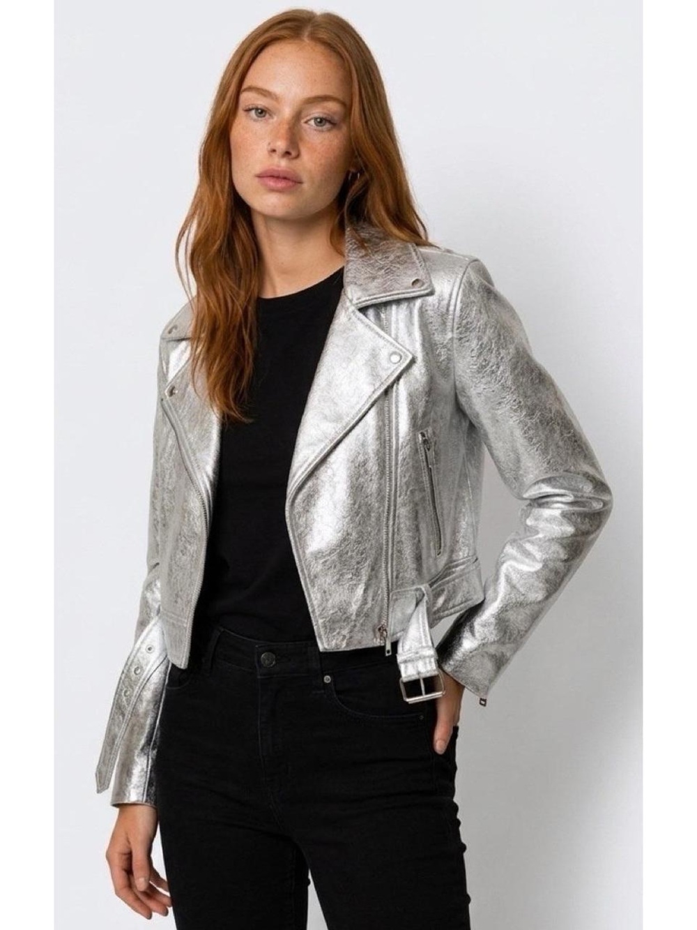 Zara Metallic Silver Faux Leather Moto Biker Jacket